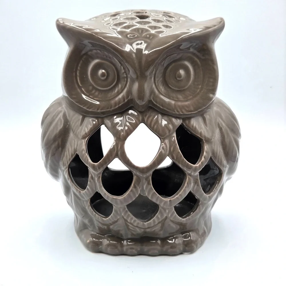 Owl Luminary Candle Holder Lantern Light Brown Gray  Ceramic 9.5